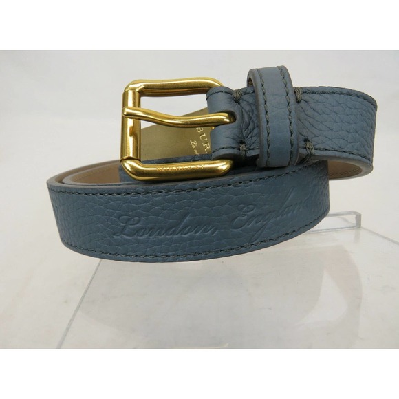 BURBERRY THOMAS 25 DUSTY BLUE GRAIN LEATHER LOGO WOMEN'S GOLD BUCKLE BELT 95 38 - Picture 1 of 12